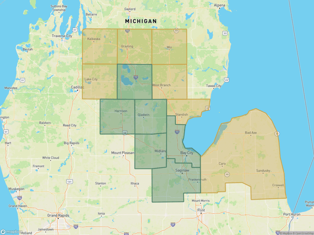 A map of Mid-Michigan, with outlines of the primary and secondary service areas